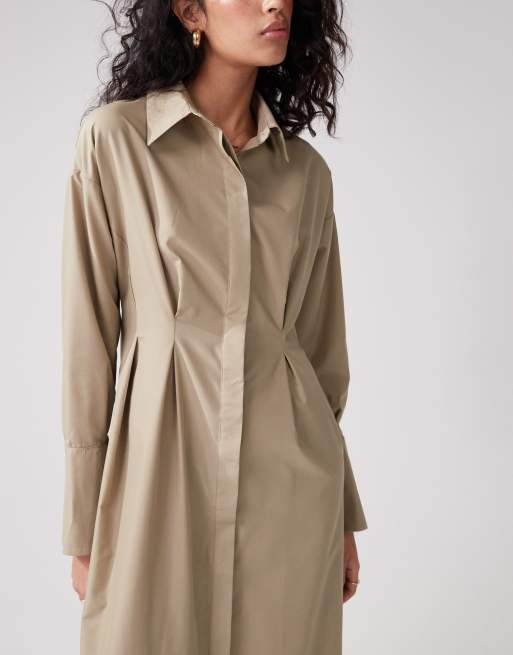 ASOS DESIGN - Maxi overhemdjurk met plooitjes in de taille in kaki, 3 van 4