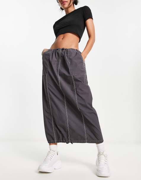 ASOS DESIGN - Maxi parachute-rok in antraciet met contrasterende stiksels - view 1
