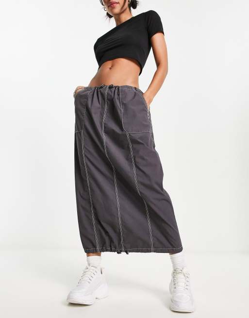 ASOS DESIGN Maxi Parachute Skirt in charcoal with contrast stitch