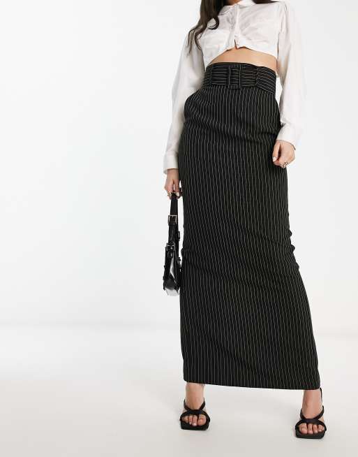 ASOS DESIGN maxi pencil skirt with belt in black pinstripe