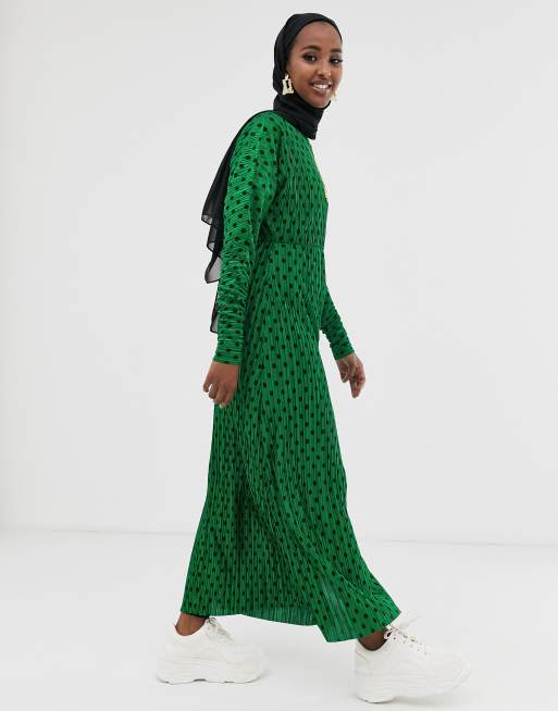 ASOS DESIGN maxi plisse dress in green spot