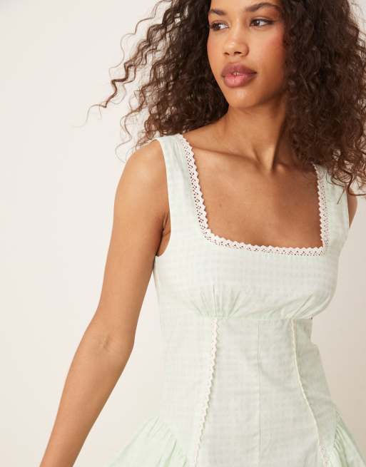 ASOS DESIGN - Maxi prairie-jurk met vierkante hals en verlaagde taille in mintgroene gingham ruit, 2 van 4