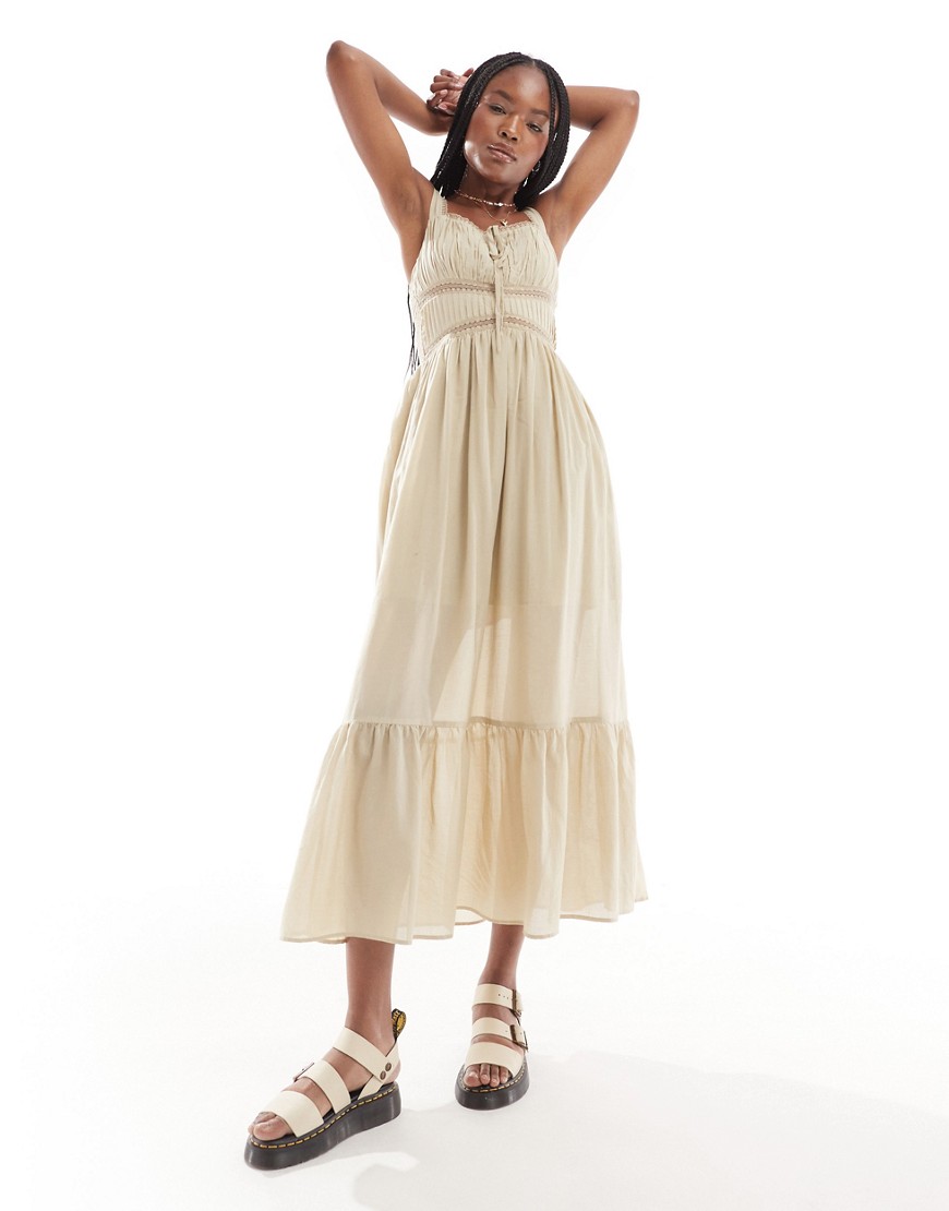 Asos Design Maxi Prairie Sundress With Lace Trim And Ruching Detail In Taupe-neutral