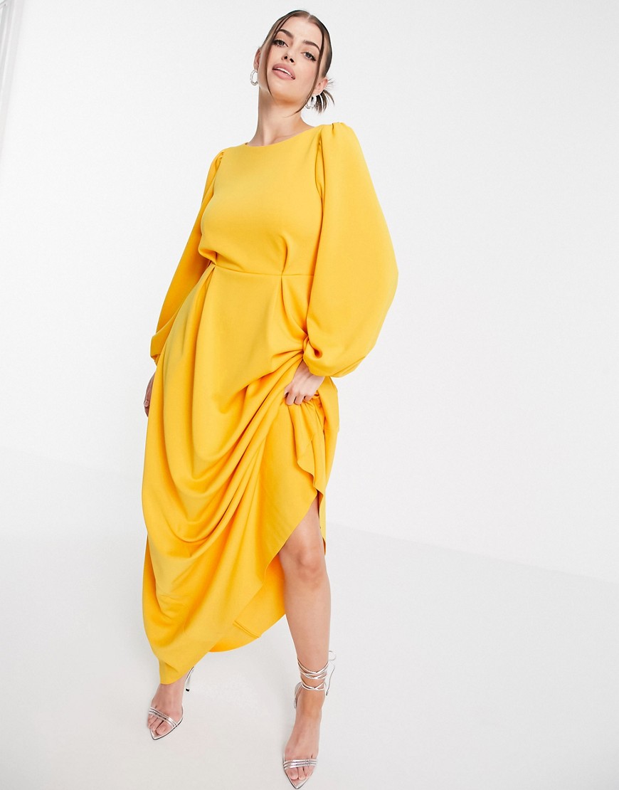 ASOS DESIGN maxi prom dress with puff sleeves in marigold-Yellow