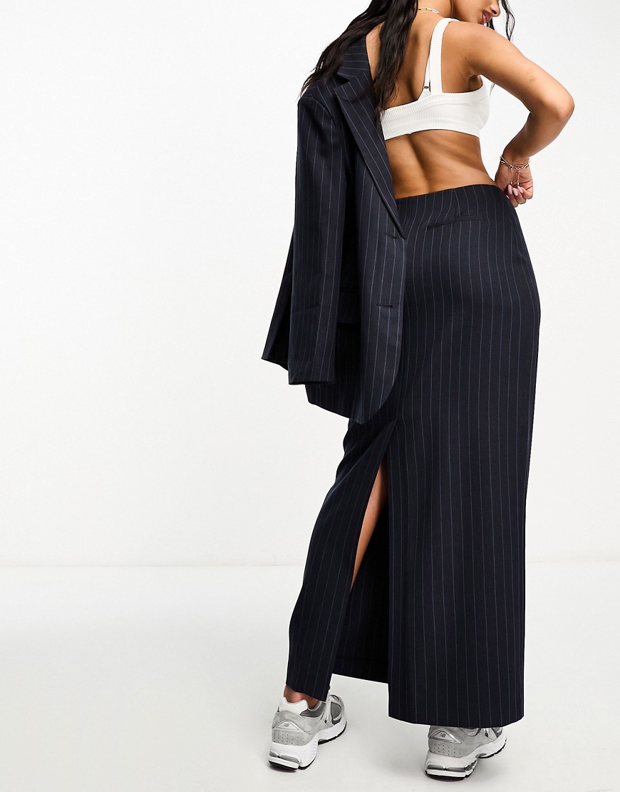 Asos Design Maxi Puddle Skirt In Navy Pinstripe