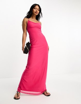 ASOS DESIGN - Maxi-Riemchenkleid in leuchtendem Rosa mit eckigem Ausschnitt