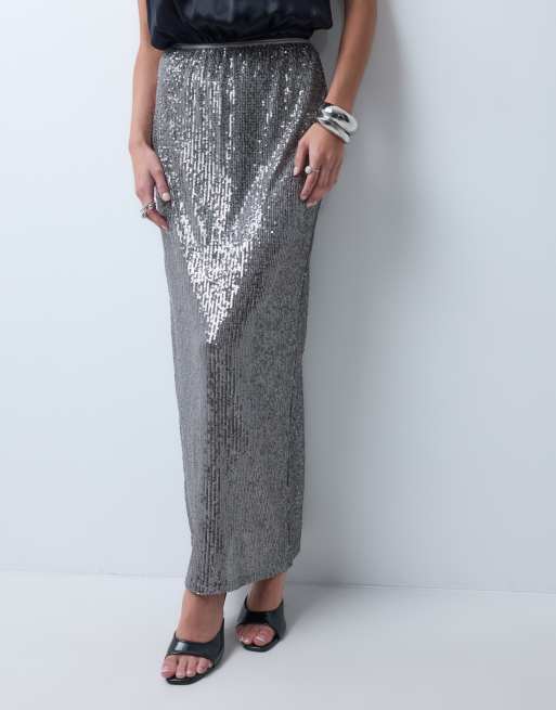 ASOS DESIGN maxi-rok met all-over lovertjes in gunmetal, 3 van 5