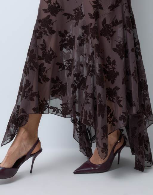 ASOS DESIGN maxi rok met asymmetrische zoom en flock in chocoladebruin, co-ord, 5 van 5