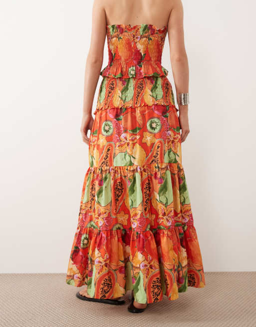 ASOS DESIGN - Maxi rok met gesmokte taille en stroken in fruitprint, deel van co-ord set, 4 van 5
