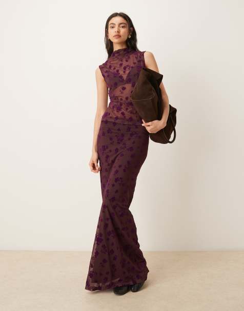 ASOS DESIGN - Maxi rok met lage taille en geflockte bloemenprint in paars - view 1