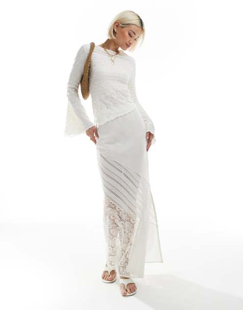 ASOS DESIGN - Maxi rok met linnenlook en kanten patchwork in crème - view 1