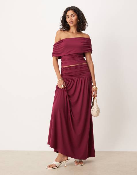 ASOS DESIGN - Maxi rok met verlaagde taille en rimpeleffect in bessenrood, deel van co-ord set - view 1