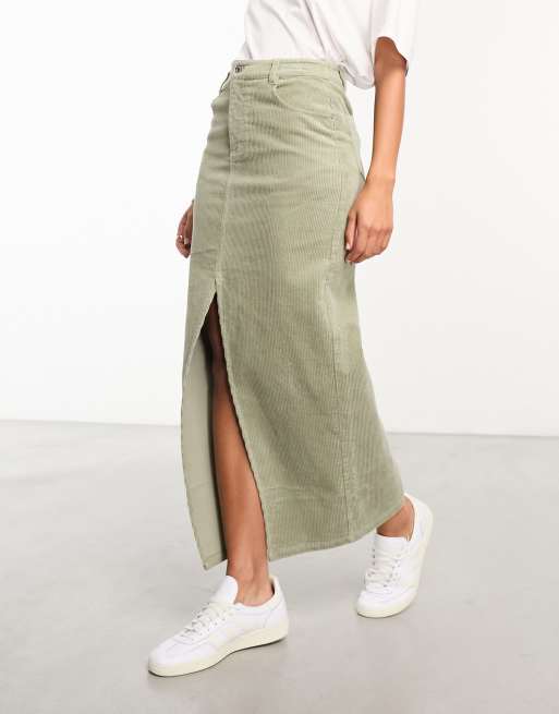 ASOS DESIGN - Maxi-rok van corduroy in saliegroen