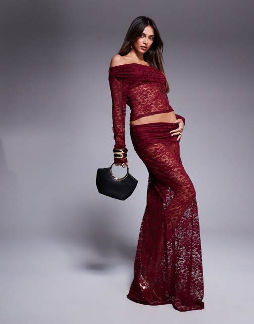 ASOS DESIGN - Maxi rok van kant met overslag in bordeauxrood, deel van co-ord set