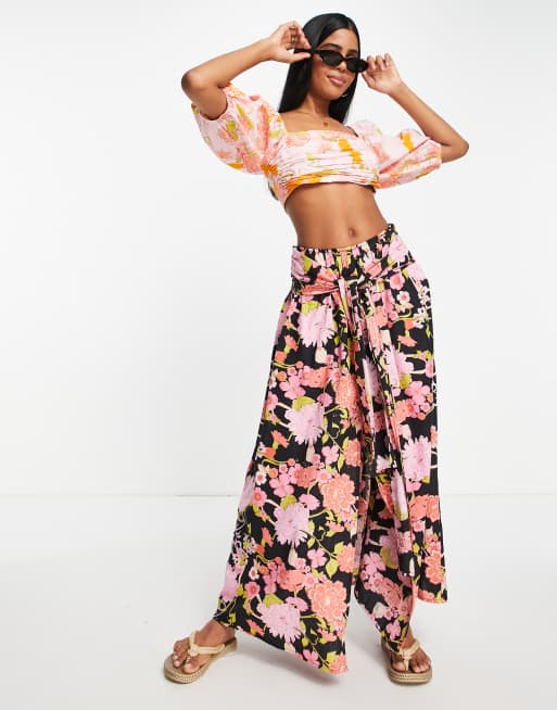 ASOS DESIGN - Maxi rok van katoenen linnen bloemenprint op donkere ondergrond, deel van co-ord set  