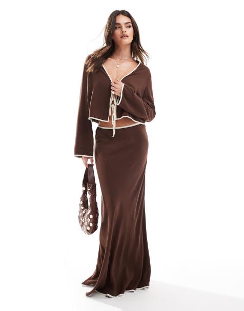 ASOS DESIGN - Maxi rok van linnenmix met contrasterende rand in chocoladebruin - view 1
