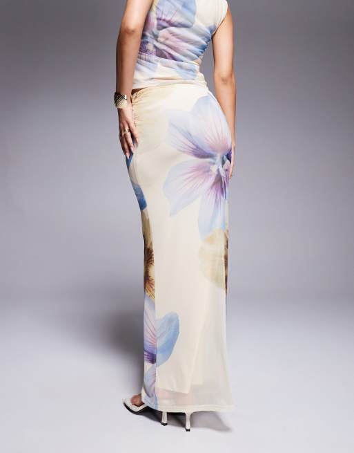 ASOS DESIGN - Maxi rok van mesh met lage taille en bloemenprint in lichtgeel, deel van co-ord set, 3 van 5