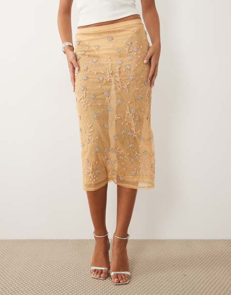 ASOS DESIGN - Maxi rok van mesh met verspreide versiering in crème - view 1