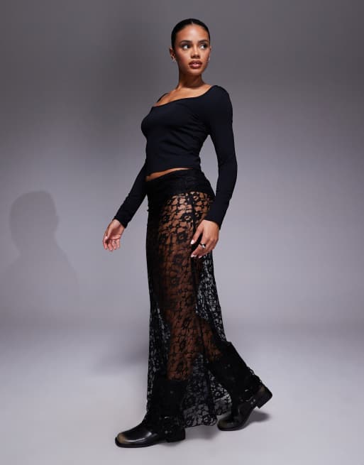 ASOS DESIGN - Maxi rok van schuin gesneden kant in zwart, 4 van 5