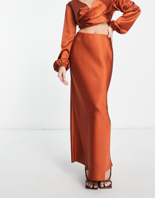 ASOS DESIGN Maxi rok van schuin gesneden satijn in roestbruin deel van co ord set