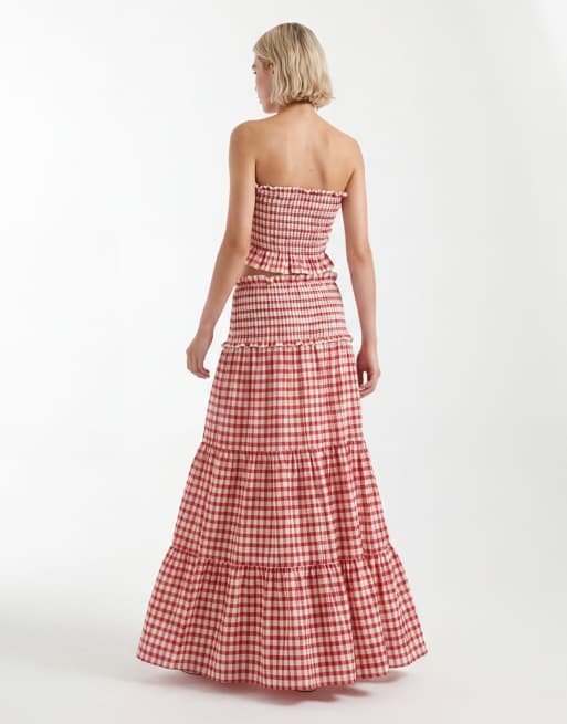 ASOS DESIGN - Maxi rok van seersucker met gesmokte taille en stroken in gingham ruit, deel van co-ord set, 2 van 5