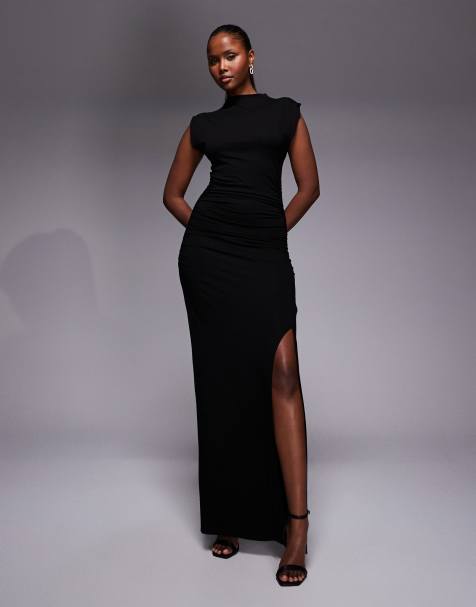 ASOS DESIGN maxi ruched side dress with thigh slit in black - view 1