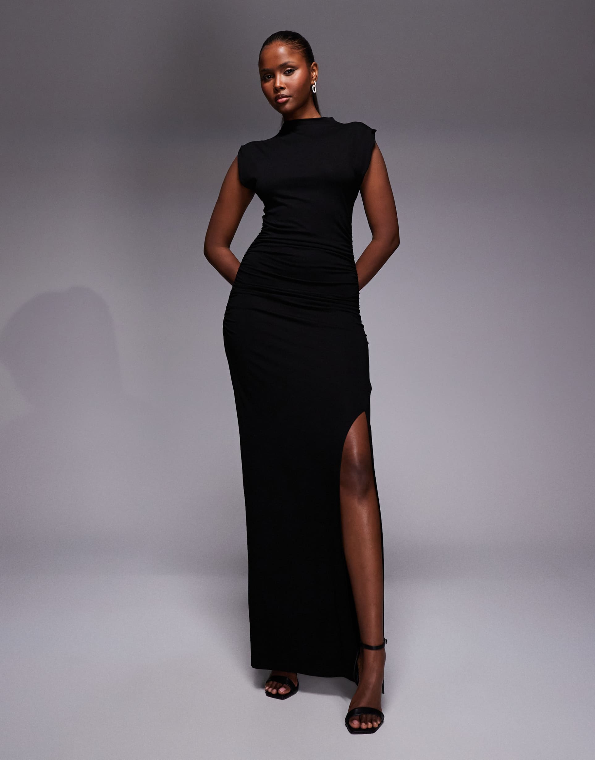 asos design maxi ruched side dress with thigh slit in black