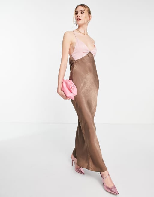 ASOS DESIGN maxi satin backless dress in brown and pink colourblock