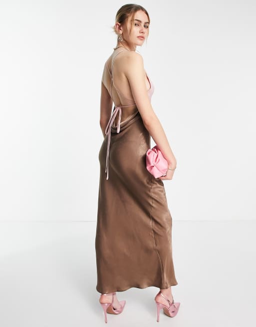 ASOS DESIGN maxi satin backless dress in brown and pink colourblock