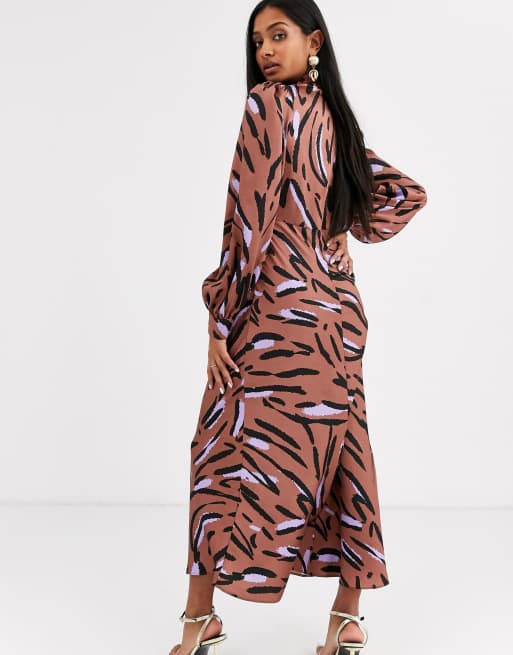 ASOS DESIGN maxi satin tea dress with collar in abstract zebra print, 2 of 4