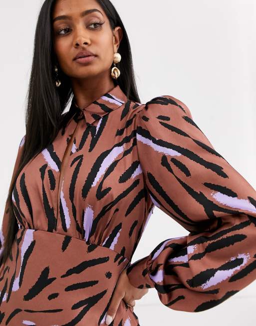 ASOS DESIGN maxi satin tea dress with collar in abstract zebra print, 3 of 4