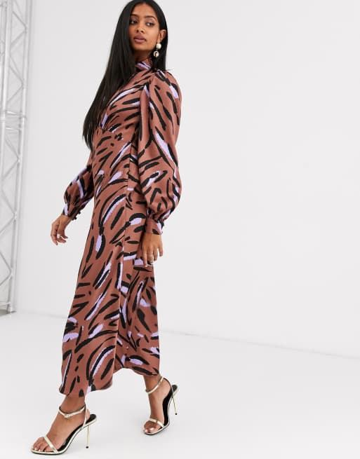 ASOS DESIGN maxi satin tea dress with collar in abstract zebra print, 4 of 4