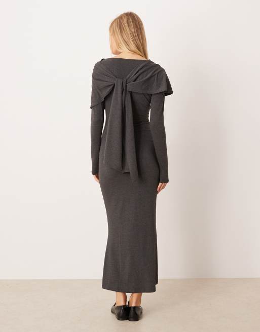 ASOS DESIGN maxi scarf detail cape dress in grey marl, 3 of 4
