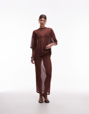 Asos Design Maxi Sheer Mesh Skirt In Brown