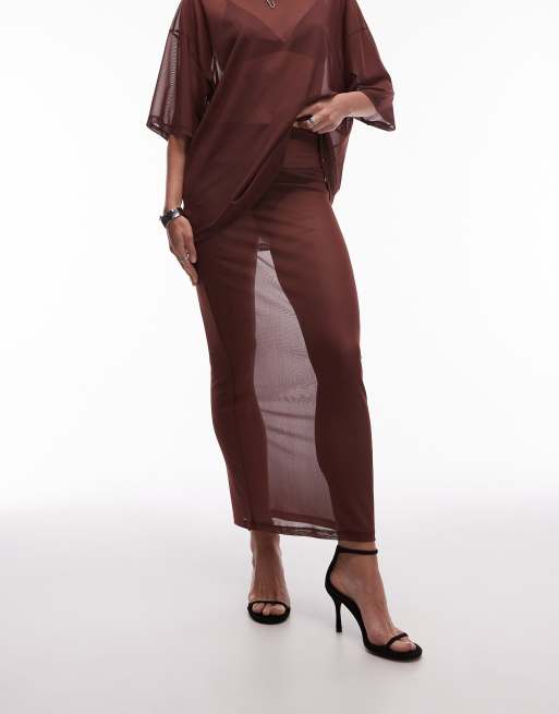 ASOS DESIGN maxi sheer mesh skirt in brown, 3 of 5