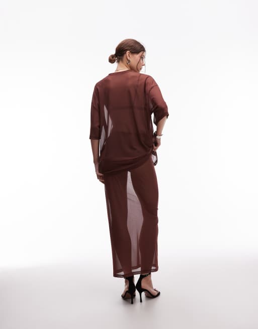 ASOS DESIGN maxi sheer mesh skirt in brown, 4 of 5