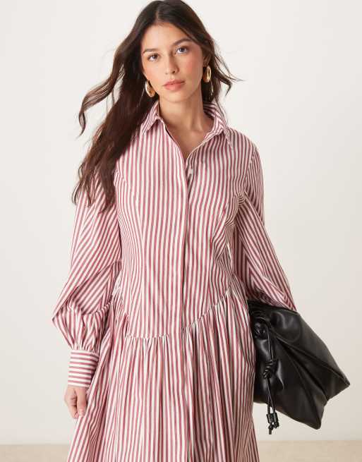 ASOS DESIGN maxi shirt dress with asymmetric button detail in burgundy stripe