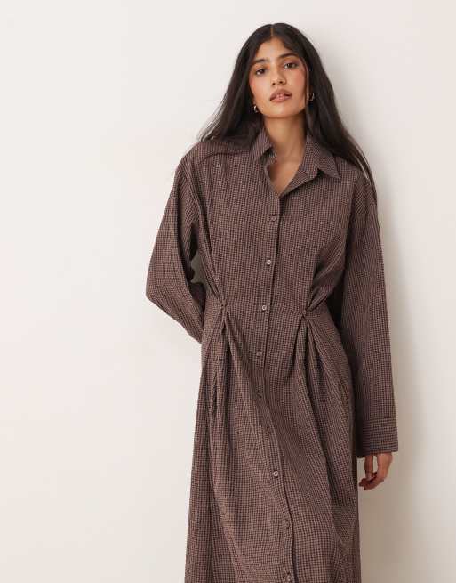 ASOS DESIGN maxi dress with cinched waist detail in brown and navy gingham