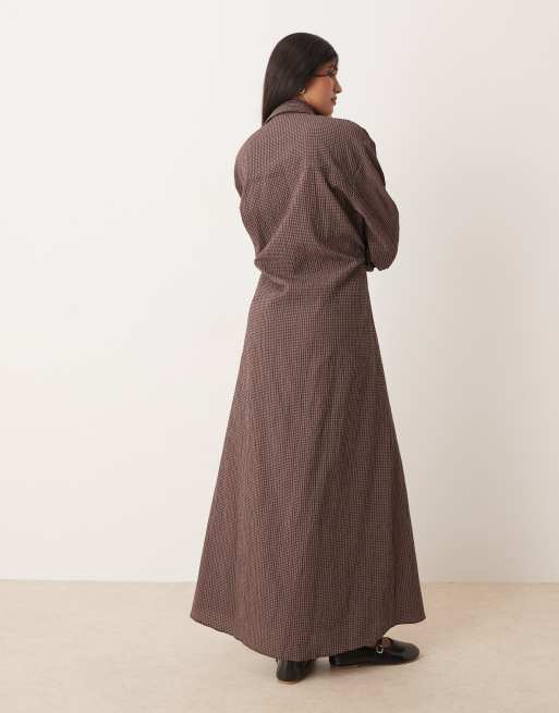 ASOS DESIGN maxi dress with cinched waist detail in brown and navy gingham