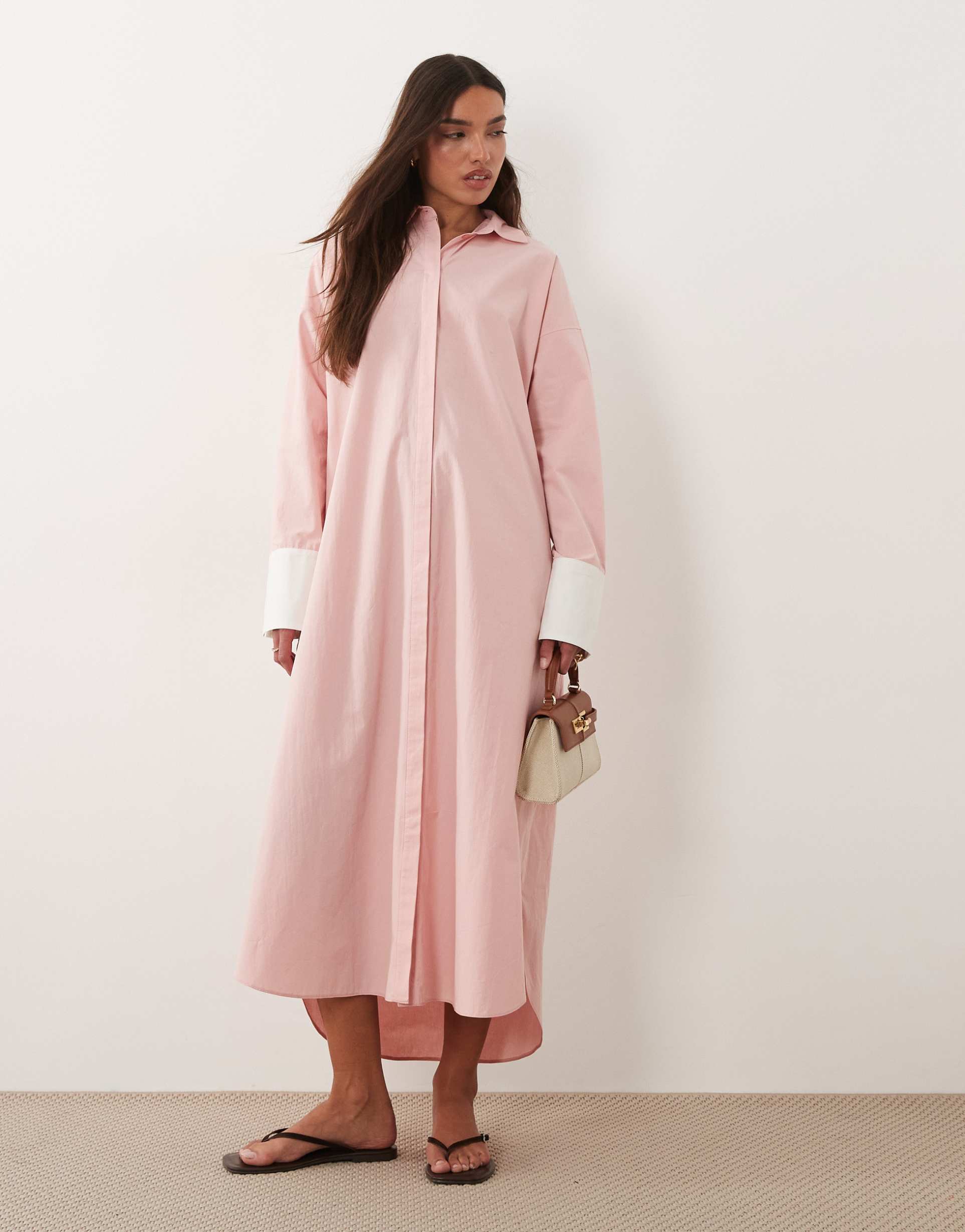 asos design maxi shirt dress with contrast cuffs in pink and white