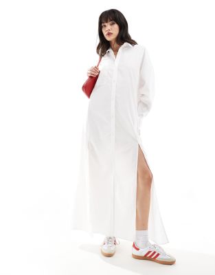 Asos Design Maxi Shirt Dress With High Double Slit In White