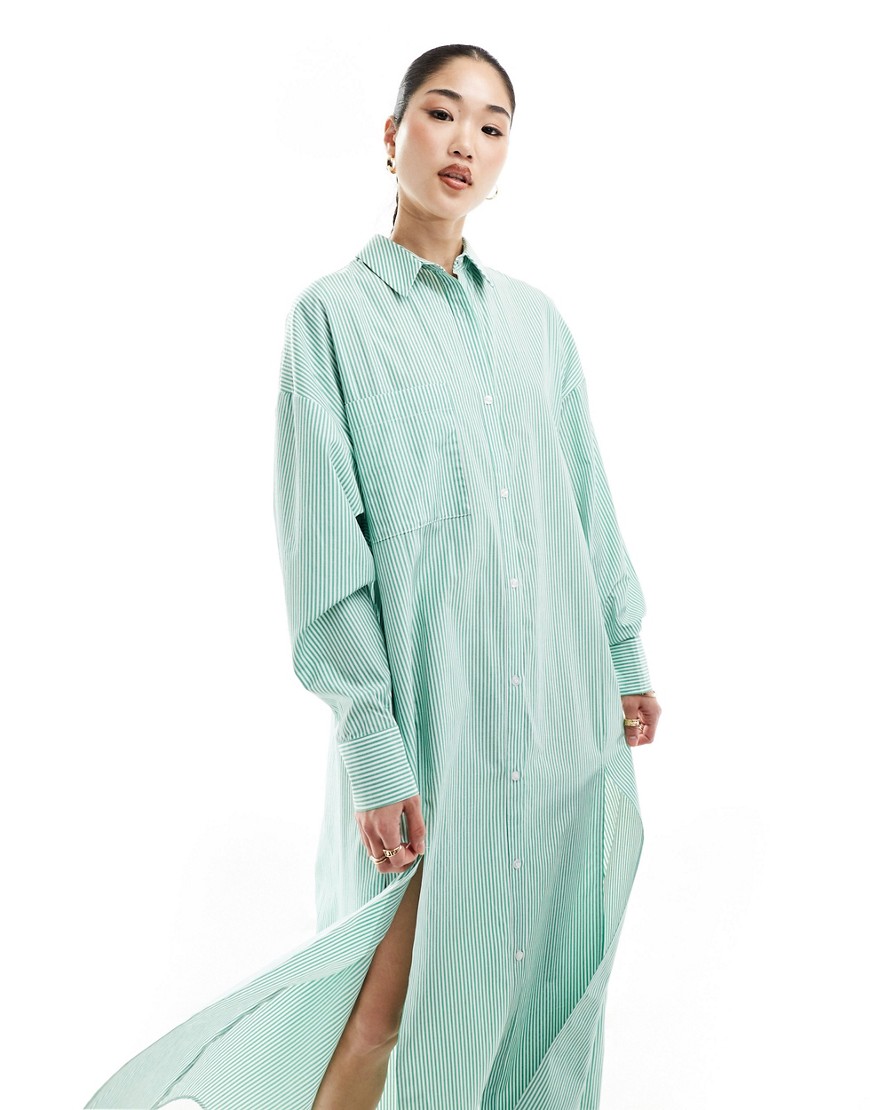 Asos Design Maxi Shirt Dress With High Double Split In Green & White Stripe-multi In Blue