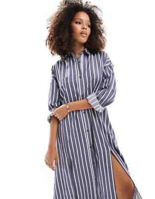 ASOS DESIGN maxi shirt dress with high double split in navy stripe | ASOS