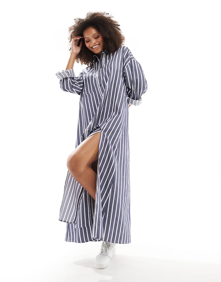 maxi shirt dress with high double split in navy stripe-Multi