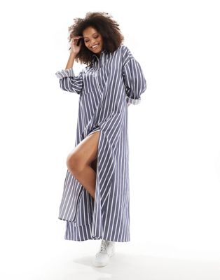 ASOS DESIGN maxi shirt dress with high double split in stripe in navy stripe