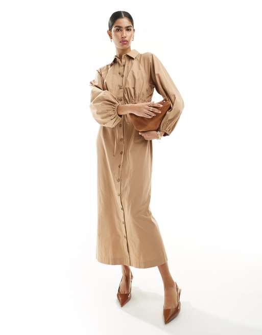 ASOS DESIGN maxi shirt dress with mac detailing in tan