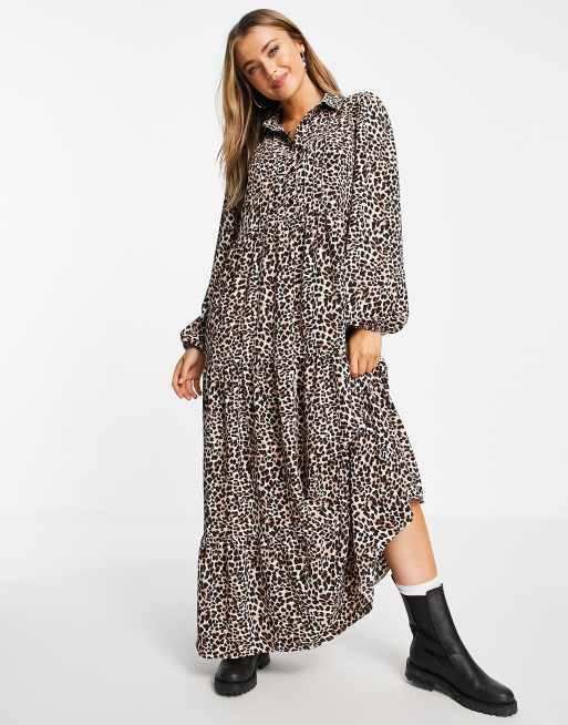 ASOS DESIGN maxi shirt dress with pin tucks in leopard print