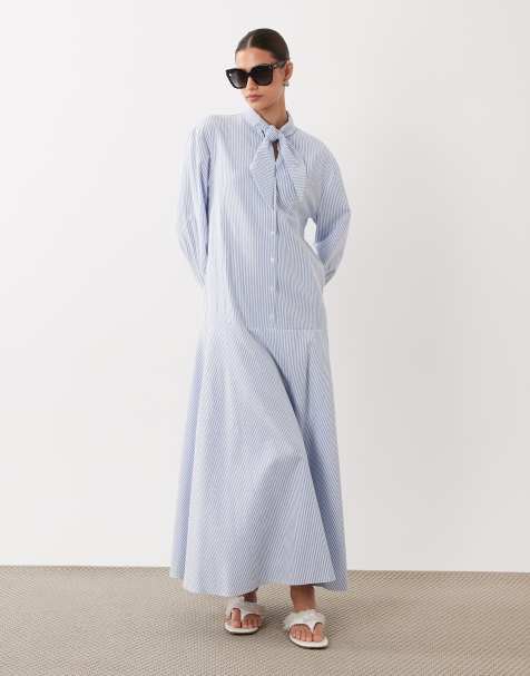 ASOS DESIGN maxi shirt dress with scarf neck detail in blue pinstripe - view 1