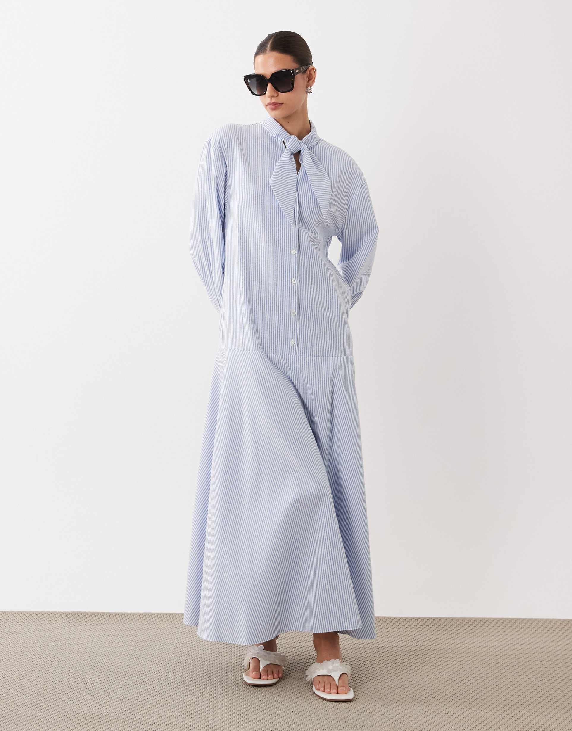 asos design maxi shirt dress with scarf neck detail in blue pinstripe