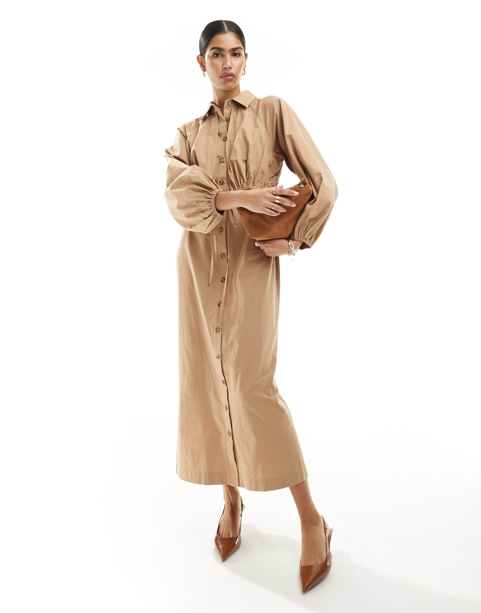 asos design maxi shirt dress with trench detailing in tan